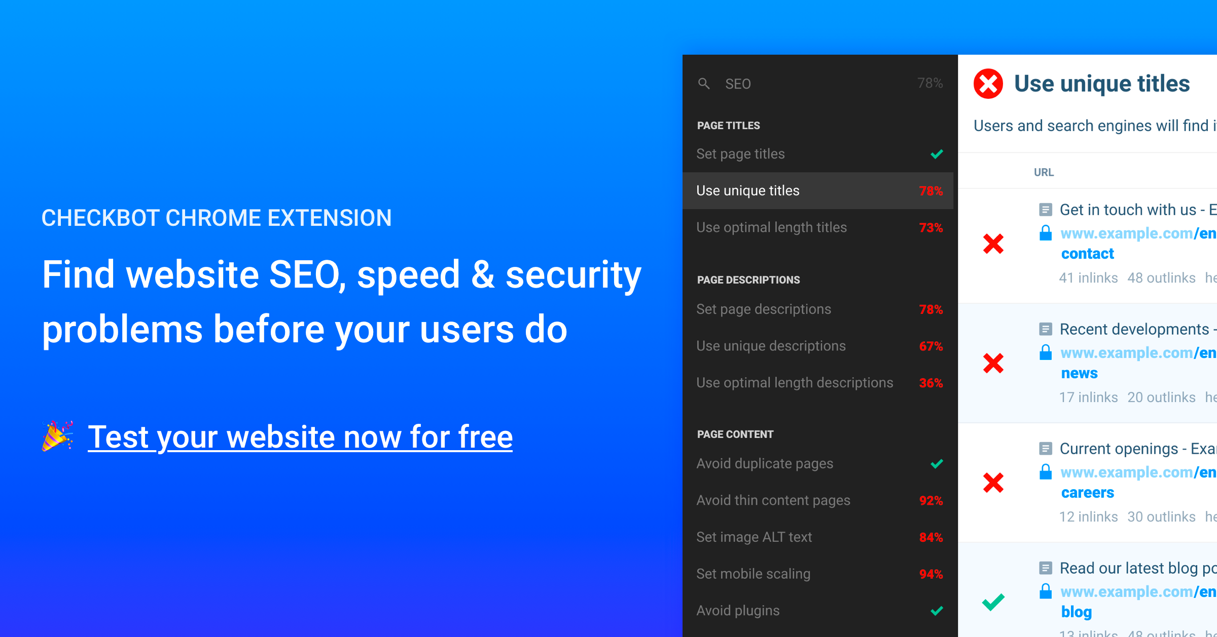 Checkbot: SEO, web speed & security checker for Chrome